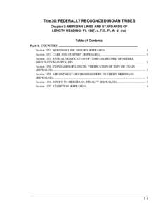 Title 30: FEDERALLY RECOGNIZED INDIAN TRIBES Chapter 3: MERIDIAN LINES AND STANDARDS OF LENGTH HEADING: PL 1987, c. 737, Pt. A, §1 (rp) Table of Contents Part 1. COUNTIES ................................................