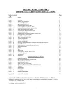 KEITH COUNTY, NEBRASKA ZONING AND SUBDIVISION REGULATIONS Table of Contents No. Article 1 - Purpose
