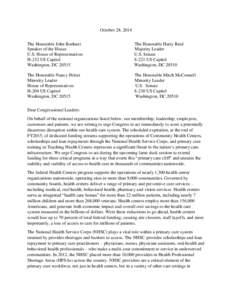 Joint Letter to House & Senate Leaders on Primary Care Cliff - October 28, 2014