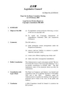 立法會 Legislative Council LC Paper No. LS[removed]Paper for the House Committee Meeting on 14 February 2003 Legal Service Division Report on