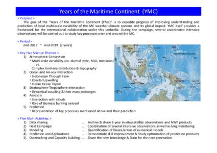 Years of the Maritime Continent (YMC) < Purpose > The goal of the “Years of the Maritime Continent (YMC)” is to expedite progress of improving understanding and prediction of local multi-scale variability of the MC w