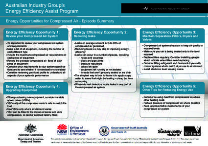 Australian Industry Group’s Energy Efficiency Assist Program Energy Opportunities for Compressed Air - Episode Summary Energy Efficiency Opportunity 1:  Energy Efficiency Opportunity 2: