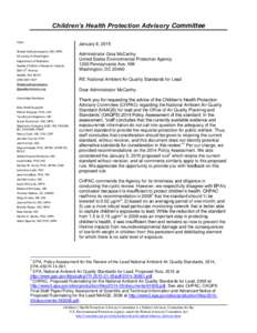 Letter from Sheela Sathyanarayana, M.D., M.P.H. to Administrator Gina McCarthy Regarding National Ambient Air Quality Standards for Lead