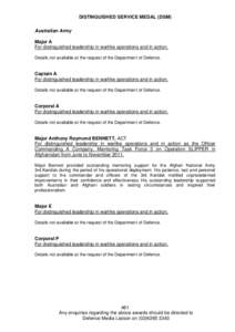 DISTINGUISHED SERVICE MEDAL (DSM) Australian Army Major A For distinguished leadership in warlike operations and in action. Details not available at the request of the Department of Defence.