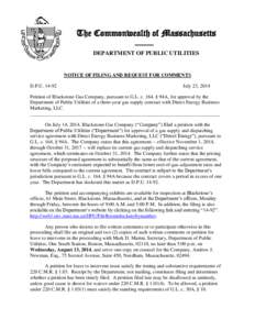 The Commonwealth of Massachusetts —— DEPARTMENT OF PUBLIC UTILITIES NOTICE OF FILING AND REQUEST FOR COMMENTS D.P.U[removed]