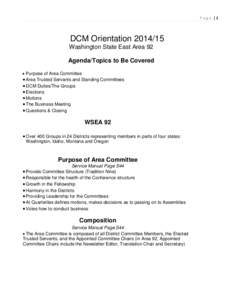 Page |1  DCM Orientation[removed]Washington State East Area 92 Agenda/Topics to Be Covered • Purpose of Area Committee
