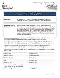 Social Services Department - Housing Division Housing Access Centre nd 82 Erie Street, 2 Floor Stratford, Ontario N5A 2M4