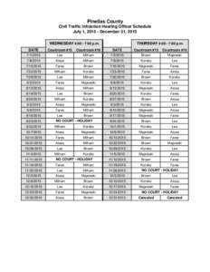 Pinellas County Civil Traffic Infraction Hearing Officer Schedule July 1, December 31, 2015 WEDNESDAY 4:00 - 7:00 p.m.  THURSDAY 4:00 - 7:00 p.m.