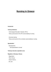 Nursing in Greece  Introduction Training Institutions  Technological Education Institutes (TEI’s)