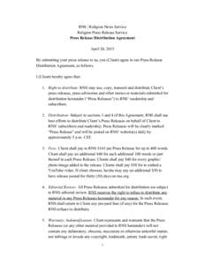 RNS | Religion News Service  Religion Press Release Service  Press Release Distribution Agreement     April 20, 2015   