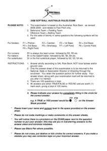 2008 SOFTBALL AUSTRALIA RULES EXAM PLEASE NOTE: For fielders:  1. This examination is based on the Australian Rule Book - as revised
