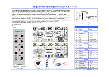 (doc rev1) rev2) Sequential Analogue Switch V2 (doc This sequential switch allows you to route Audio or CV sequentially from one source to four destinations or the other way round. You can do this either manually using t