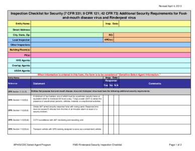 Inspection Checklist for Security (7 CFR 331; 9 CFR 121; 42 CFR 73) Additional Security Requirements for Foot-and-mouth disease virus and Rinderpest virus