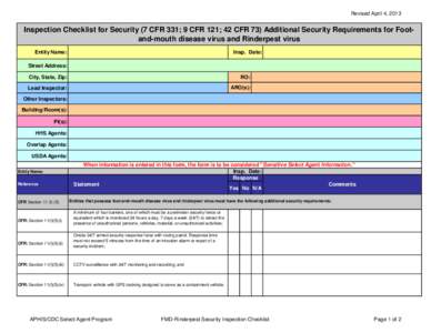 Biology / Biosecurity / Select agent / Toxins / United States Department of Health and Human Services / Rinderpest / Animal and Plant Health Inspection Service / Foot-and-mouth disease / Veterinary medicine / Animal virology / Medicine