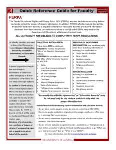 Quick Reference Guide for Faculty FERPA The  Family  Educational  Rights  and  Privacy  Act  of  1974  (FERPA)  requires  institutions  accepting  federal   monies  to  protect  the  privacy  of  stud