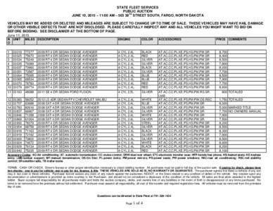 STATE FLEET SERVICES PUBLIC AUCTION TH JUNE 10, 2015 – 11:00 AM – STREET SOUTH, FARGO, NORTH DAKOTA VEHICLES MAY BE ADDED OR DELETED AND MILEAGES ARE SUBJECT TO CHANGE UP TO TIME OF SALE. THESE VEHICLES MAY HA