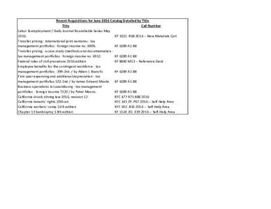 Recent Acquisitions for June 2016 Catalog Detailed by Title Title Call Number Labor & employment / Daily Journal Roundtable Series MayKFR68New Materials Cart