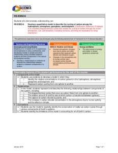 HS-ESS2-6 Students who demonstrate understanding can: HS-ESS2-6. Develop a quantitative model to describe the cycling of carbon among the hydrosphere, atmosphere, geosphere, and biosphere. [Clarification Statement: Empha