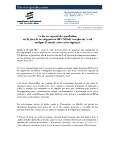 Communiqué de presse Conférence régionale des élus de Laval 1555, boul. Chomedey – bureau 220 Laval (Québec) H7V 3Z1[removed]removed]