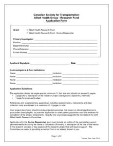 Canadian Society for Transplantation Allied Health Group - Research Fund Application Form Grant: