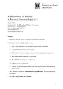 the  Presbyterian Church of Tasmania  A submission re Sex Industry