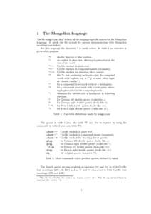 1  The Mongolian language The ﬁle mongolian.dtx1 deﬁnes all the language-speciﬁc macros for the Mongolian language. It needs the ﬁle cyrcod for success documentation with Mongolian