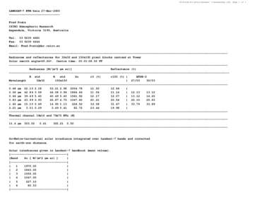 G3:Freds:Projects:Landsat 7:LandsatHay.ref, Page 1 of 1  LANDSAT-7 ETM Data 27-Mar-2000 -----------------------------Fred Prata CSIRO Atmospheric Research Aspendale, Victoria 3195, Australia