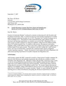 September 17, 2007  Ms. Nancy M. Morris Secretary U.S. Securities and Exchange Commission 100 F Street, N.E.