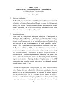 Annual Report Research Advisory Committee on Gulf War Veterans’ Illnesses U. S. Department of Veterans Affairs December 1, 2003 1.
