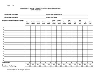 Page  of HILL COUNTRY DISTRICT JUNIOR LIVESTOCK SHOW ASSOCIATION SUMMARY SHEET