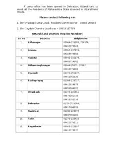 A camp office has been opened in Dehradun, Uttarakhand to assist all the Residents of Maharashtra State stranded in Uttarakhand Floods. Please contact following nos 1. Shri Pradeep Kumar, Addl. Resident Commissioner - 09