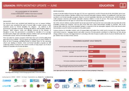 LEBANON: RRP6 MONTHLY UPDATE — JUNE KEY ACHIEVEMENT OF THE MONTH A total of 215,517 children have been reached with education services this year HIGHLIGHTS: The[removed]school year concluded and students are now on sum