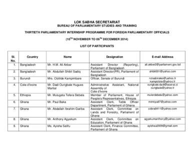 LOK SABHA SECRETARIAT BUREAU OF PARLIAMENTARY STUDIES AND TRAINING THIRTIETH PARLIAMENTARY INTERNSHIP PROGRAMME FOR FOREIGN PARLIAMENTARY OFFICIALS (10TH NOVEMBER TO 09TH DECEMBERLIST OF PARTICIPANTS