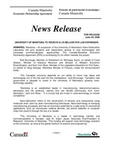 Canada-Manitoba Economic Partnership Agreement Entente de partenariat économique  Canada-Manitoba