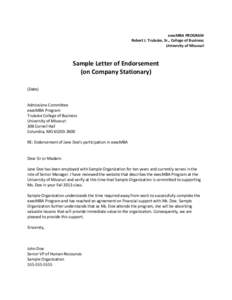 execMBA PROGRAM Robert J. Trulaske, Sr., College of Business University of Missouri Sample Letter of Endorsement (on Company Stationary)