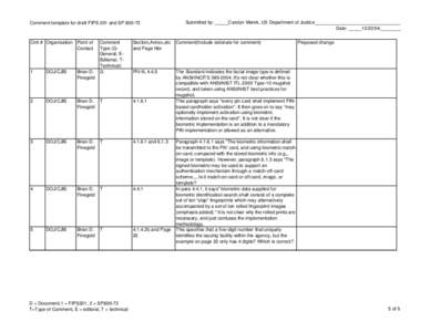 Comment template for draft FIPS 201 and SP[removed]Cmt # Organization Point of Contact  Submitted by: _____Carolyn Merek, US Department of Justice_________________________________