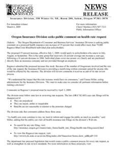 News Release: Oregon Insurance Division seeks public comment on health rate request