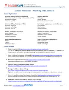 Page 1 of 3  Career Resources – Working with Animals Career Exploration Veterinary Medicine or Preventive Medicine Veterinarian (small animal, large animal, holistic, wildlife)