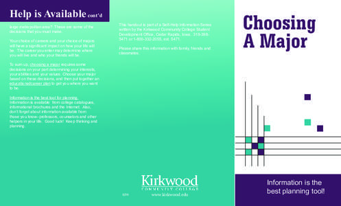 Help is Available cont’d large metropolitan area? These are some of the decisions that you must make. Your choice of careers and your choice of majors will have a significant impact on how your life will be. The career