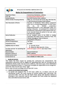 PUNJAB STATE POWER CORPORATION LTD  Notice for Empanelment of Contractors Department Name E.O.I. No. Issuing Authority