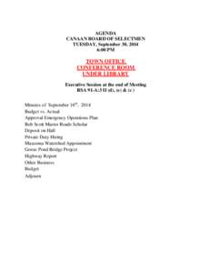 AGENDA CANAAN BOARD OF SELECTMEN TUESDAY, September 30, 2014 6:00 PM  TOWN OFFICE