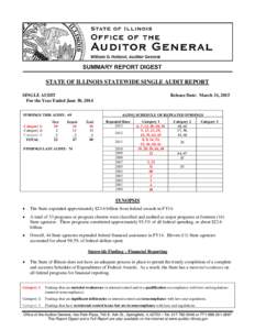 STATE OF ILLINOIS STATEWIDE SINGLE AUDIT REPORT SINGLE AUDIT For the Year Ended June 30, 2014 FINDINGS THIS AUDIT: 69 Category 1: Category 2: