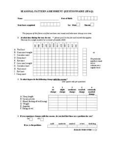 SEASOAL PATTER ASSESSMET QUESTIOAIRE (SPAQ) ame Date of Birth  Date form completed