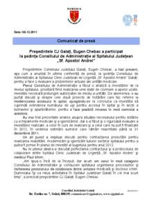 Data: [removed]Comunicat de presă Preşedintele CJ Galaţi, Eugen Chebac a participat la şedinţa Consiliului de Administraţie al Spitalului Judeţean „Sf. Apostol Andrei”