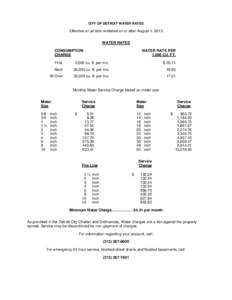 CITY OF DETROIT WATER RATES  Effective on all bills rendered on or after August 1, 2013 WATER RATES CONSUMPTION CHARGE