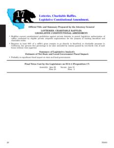 17  Lotteries. Charitable Raffles. Legislative Constitutional Amendment. Official Title and Summary Prepared by the Attorney General LOTTERIES. CHARITABLE RAFFLES.