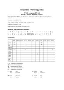 Organised Phonology Data Waffa Language [WAJ] Kaiapit – Eastern Highlands Province Trans New Guinea Phylum; East New Guinea Highlands Stock; Eastern (Kainantu) Family; Tairora Subfamily Population census: [removed])