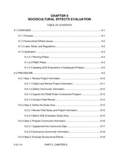 CHAPTER 9 SOCIOCULTURAL EFFECTS EVALUATION TABLE OF CONTENTS 9-1 OVERVIEW ............................................................................................................ [removed]Purpose ...................