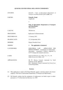 QUEENSLAND INDUSTRIAL RELATIONS COMMISSION  CITATION: Donnelly v State of Queensland (Department of Transport and Main Roads[removed]QIRC 014