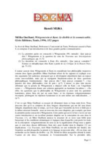 Hamdi MLIKA Mélika Ouelbani, Wittgenstein et Kant. Le dicible et le connaissable. Cérès Editions, Tunis, 1996, 152 pages